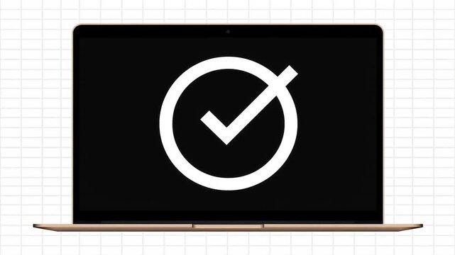 Laptop checkmark on grid for system loading complete.