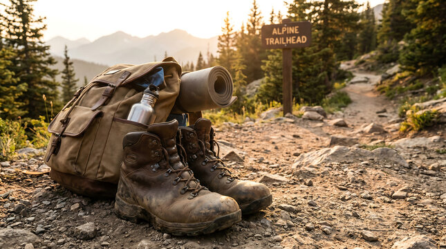 Worn hiking boots and backpack at an alpine trailhead sign in the mountains