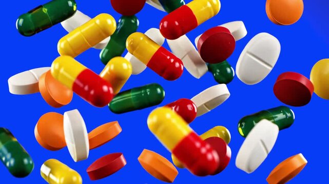 A variety of colorful capsules, yellow-red pills, and white tablets falling against a blue studio background. High-quality asset for pharmaceutical commercials, healthcare videos, or medical education
