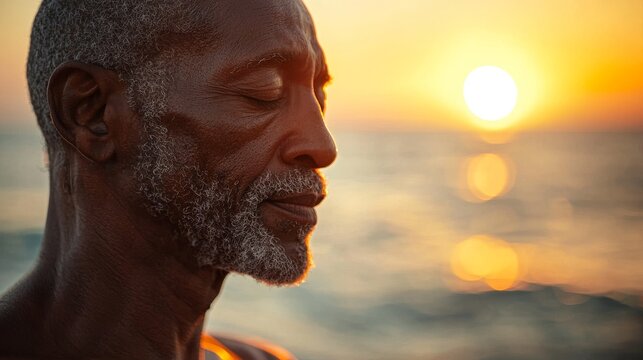 Elderly african american man relaxing during sunset at beach. Peaceful senior meditating in nature. Freedom and wellness, copy space