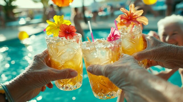 Elderly friends toasting with tropical cocktails by swimming pool. Group of seniors enjoying summer vacation at resort