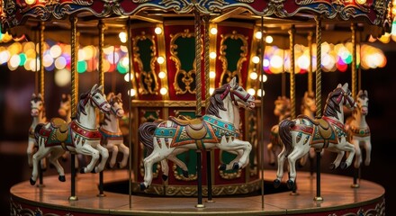 Fototapeta premium Miniature rotating ride featuring intricately decorated toy horses glows with warm lights in the dark