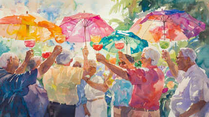 Fototapeta premium Watercolor illustration of elderly people holding umbrellas and drinks. Friends celebrating summer vacation with cheers
