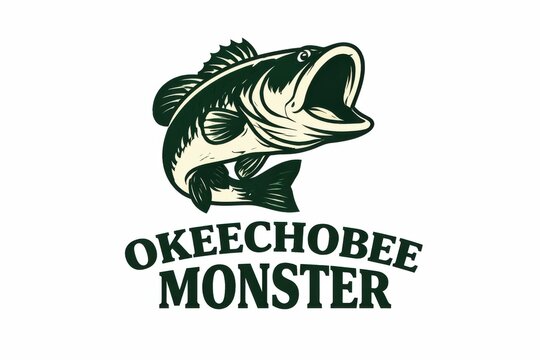 Vintage fishing mascot logo of a large mouth bass with okeechobee monster text for outdoor branding