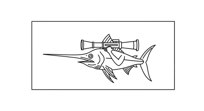 Marlin Fish with Rocket Launcher, Surreal Underwater Warfare Concept, Cartoon Style