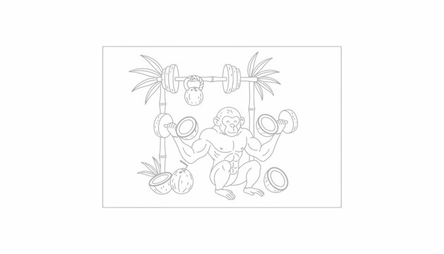 Muscular Monkey Lifting Weights, Coconut Dumbbells, Tropical Gym Concept