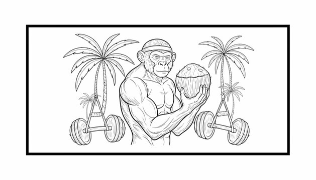 Muscular Monkey Bodybuilder Holding Coconut with Palm Trees and Weights
