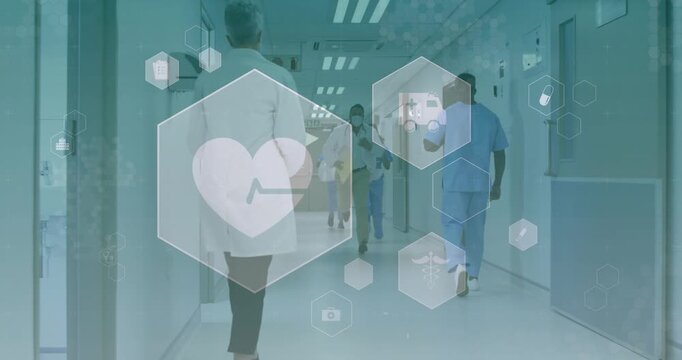 Camera panning corridor, staff meeting while masked man coming holding folder, icons framing care