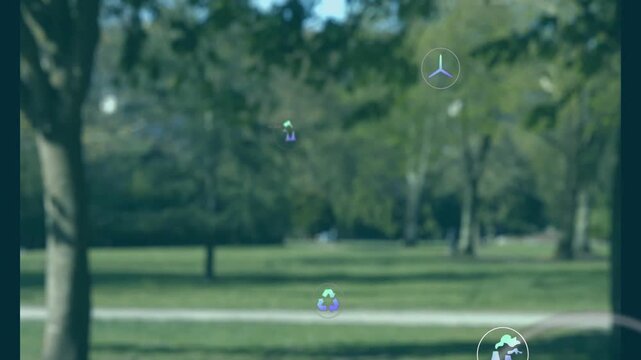 AR elements from frame5 appearing over park monitoring eco metrics: droplet, CO2, readouts