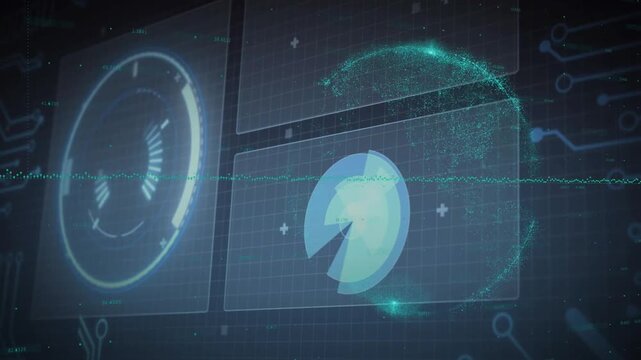 Circular disk rotating and reshaping during tech scan, waveform steady, particles forming globe