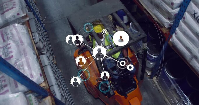Forklift driver driving warehouse aisle, adjusting levers and activating network around operator