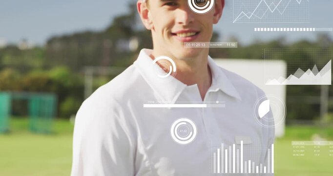 Camera panning, man in white polo turning and smiling, HUD fading in showing training metrics