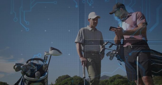 Two golfers manipulating phone on tee, activating tech HUD overlay and checking shot distance