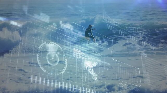 Male surfer shifting weight and popping into aerial, carving for sport as HUD tracking filling shot