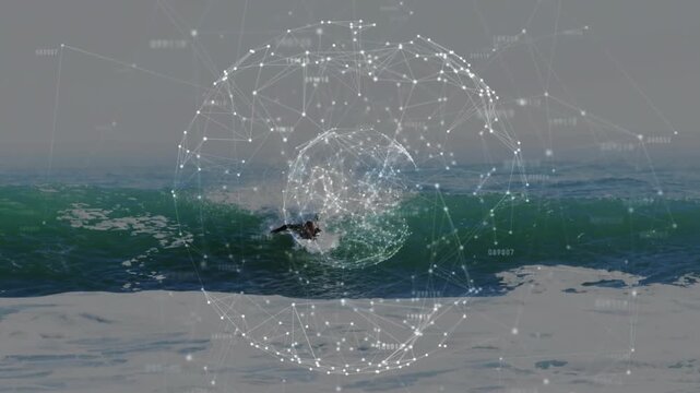 Surfer on board paddling to catch wave outside break, wave approaching while data overlay aligning