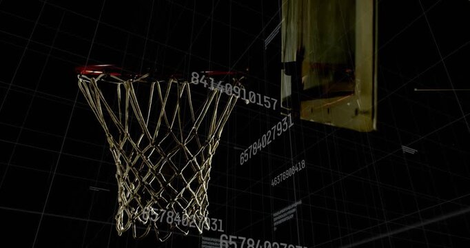 Basketball rim and net deforming as ball passing through, tech grid visualizing shot data