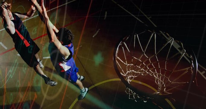 Basketball player dribbling then driving, trying to score, defender jumping, overlays showing path