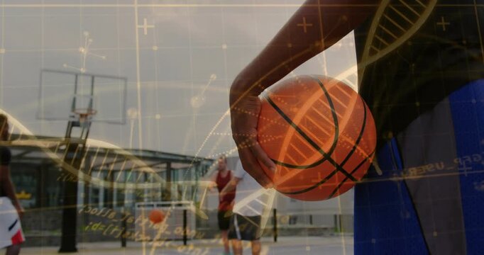 Holding right arm blue jersey adjusting grip at court post dribble hoop, orangeball DNA, copy space