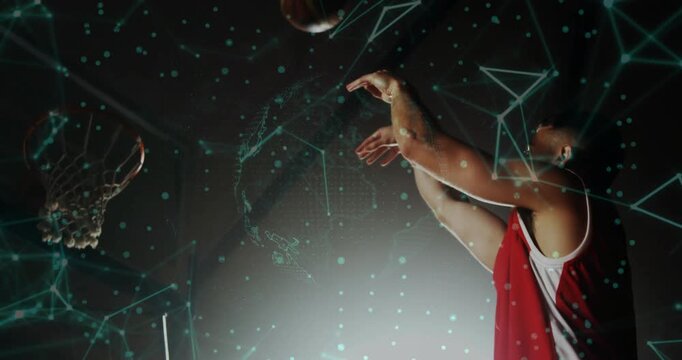 Player bringing ball up, shooting in gym aiming score, teal overlay tracking arc for sports