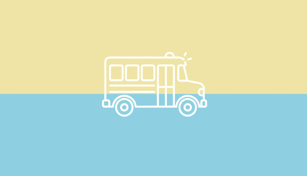 Minimalist school bus icon on a split yellow and blue background, simple cartoon style