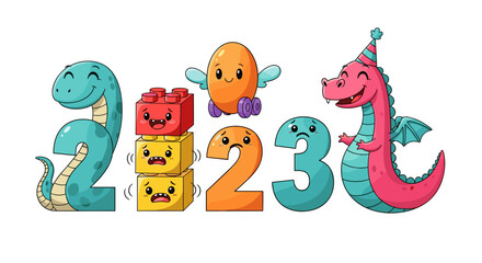 Fototapeta premium Cute cartoon numbers 123 with smiling cartoon dragon bird and building blocks perfect for children's educational
