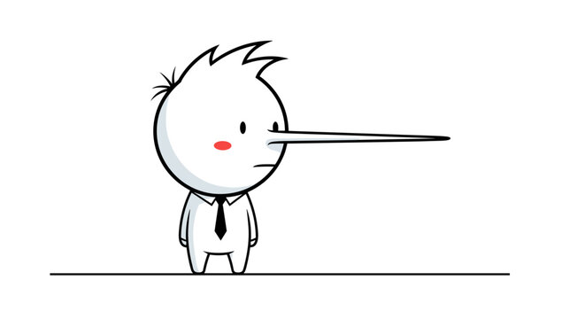 Cartoon man with long nose symbolizing dishonesty and lies standing against a clean white background