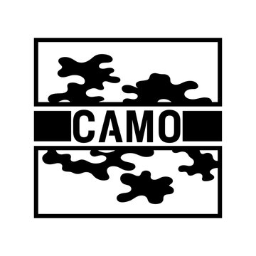 Bold black and white camouflage pattern graphic with the word camo prominently displayed in the center