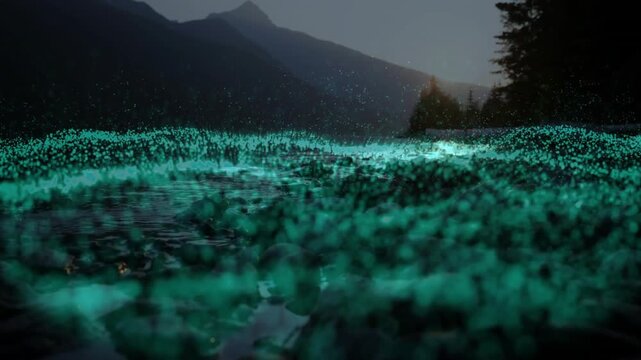Bioluminescent specks rising from rocky shoreline due to surface ripple, showing bloom for science