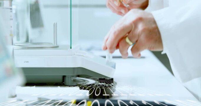 Lab hands entering from right, placing ampoule on balance, pipetting measured drops for analysis