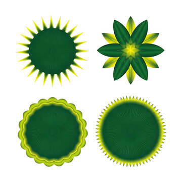 Set of four green abstract floral or starburst graphic design elements, decorative circular badges with intricate patterns
