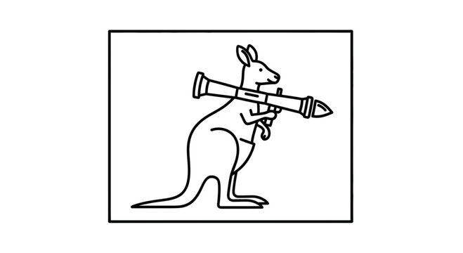 Kangaroo Holding Rocket Launcher, Australian Animal, Military Concept, Line Art Illustration