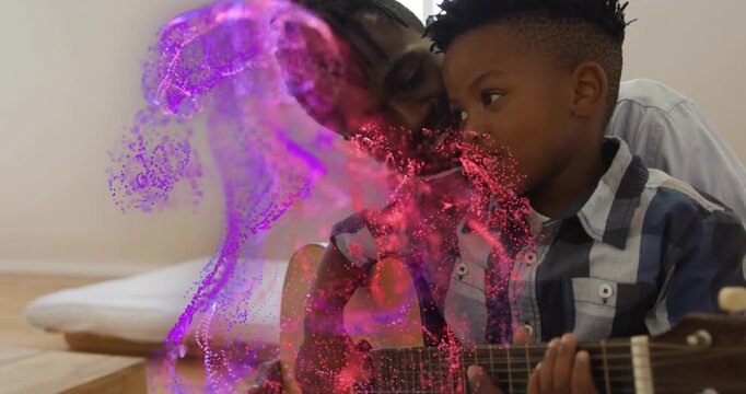 Father guiding son with guitar in music, child starting chord spawning magenta swirl over adult
