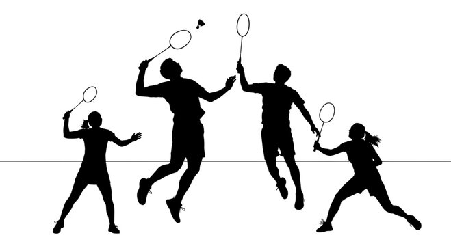 Badminton Players Silhouette, Action Shot, Dynamic Movement, Sports Illustration