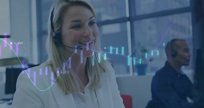 Taking client call rep listening speaking gesturing pen while finance chart shifting over subject