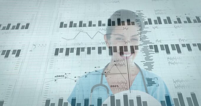 Nurse with stethoscope tapping tablet, consulting medical metrics, bars and lines expanding