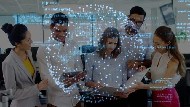 Holographic node cloud appearing, team exchanging docs, tapping tablet, reviewing for business