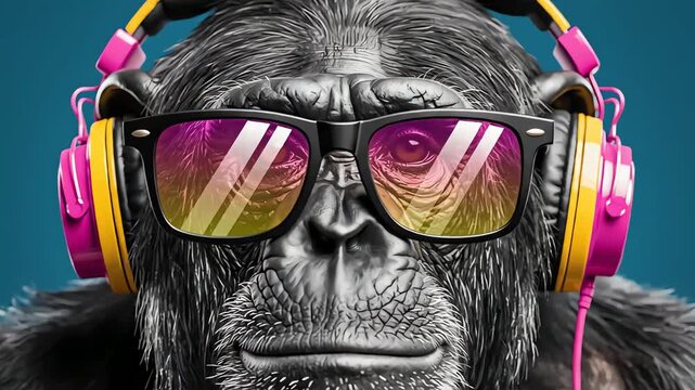 Cool chimpanzee wearing sunglasses and colorful headphones