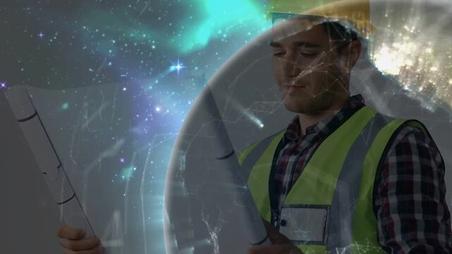 Globe fading in spurring construction engineer holding plans checking them fixing hat smiling