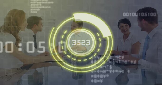 HUD appearing, rotating readout, five staff turning, gesturing, reviewing metrics to decide