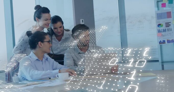 Team pointing at laptop man using pad sparking binary grid sweeping while reviewing business charts