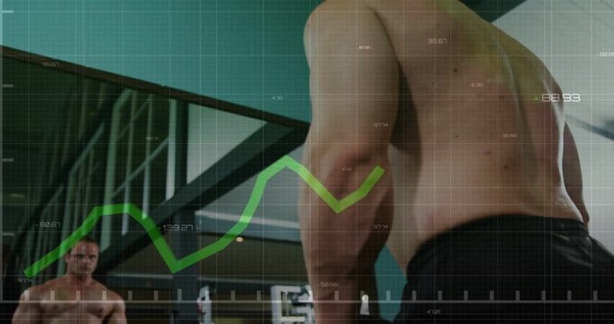 Gym lifter reaching for dumbbells, checking form, performing lateral raises as green graph tracking