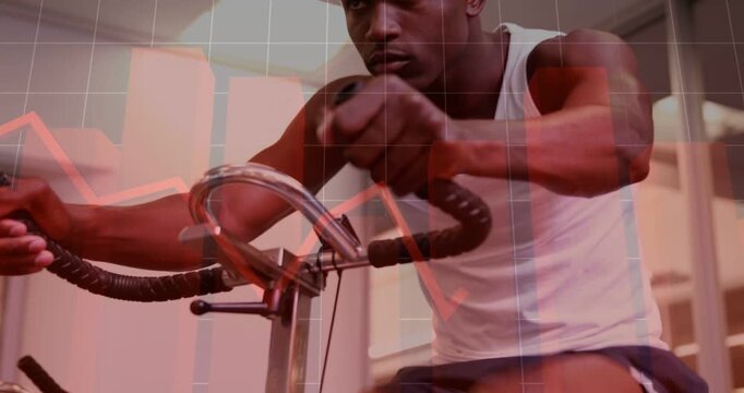 Adult male pedaling stationary bike in gym, turning resistance knob with overlaid red graph rising
