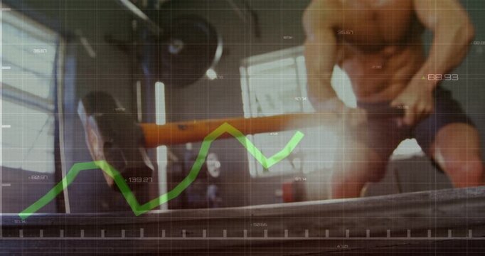 Pulling on sledgehammer, shirtless male doing training swings in garage with green graph overlay