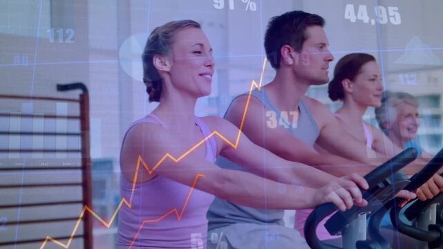 Woman pedaling spin bike, initiating animated fitness graphs tracking metrics, camera pulling back