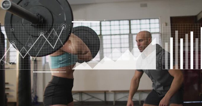 Starting lifter in teal bra lowering barbell at gym, coach spotting, analytics overlay for strength