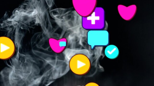 Hearts, play icons, chat and checks spawning from edges, rising over smoke bg, showing marketing