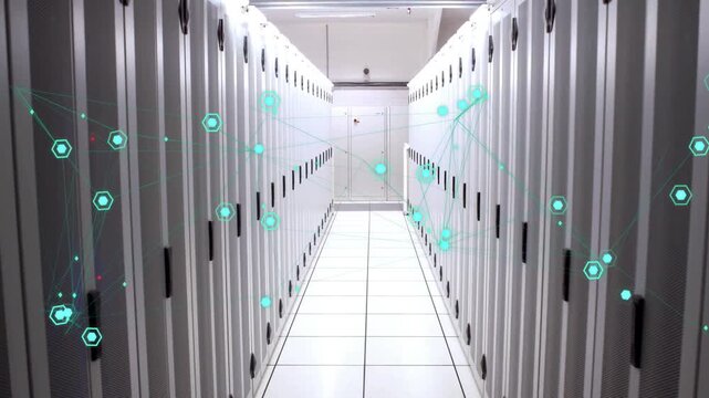 Overlay appearing in server aisle, hexagon nodes linking and forming hubs showing network flow