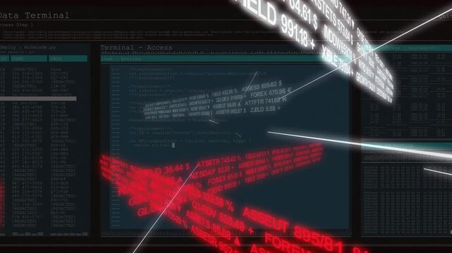 3D ticker bands sweeping dark terminal, camera panning while light streaks revealing finance data