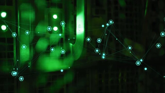 Glowing cyan graph overlay appearing over green-lit rack, sparse hex nodes clustering and linking