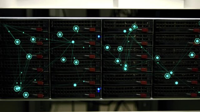 Vertical video: Animating overlay, app mapping cyan nodes on rack bays in datacenter for monitoring